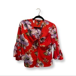 Topshop-Nordstrom-Red Floral-Front tie-3/4 flutter sleeve top